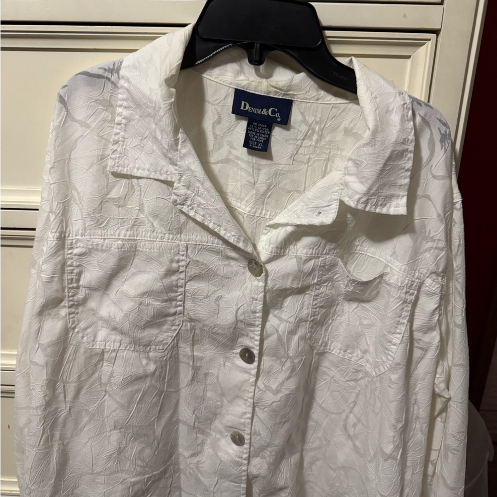 Denim & Co. White Textured Button-Up Shirt